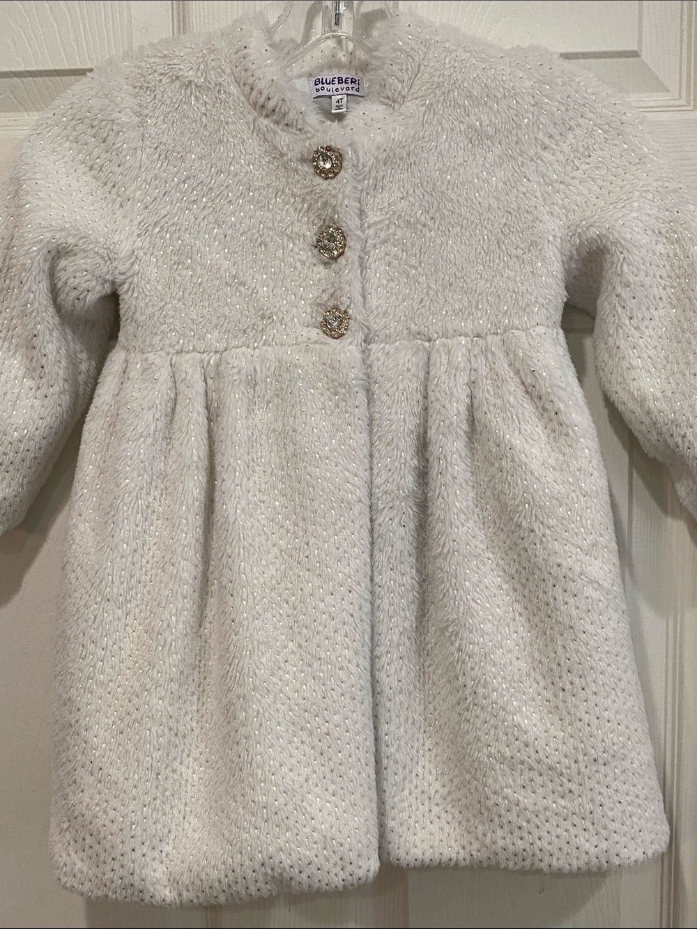 Blueberi Boulevard Creamy White Sparkle Girls Coat with Gold Buttons size 4T